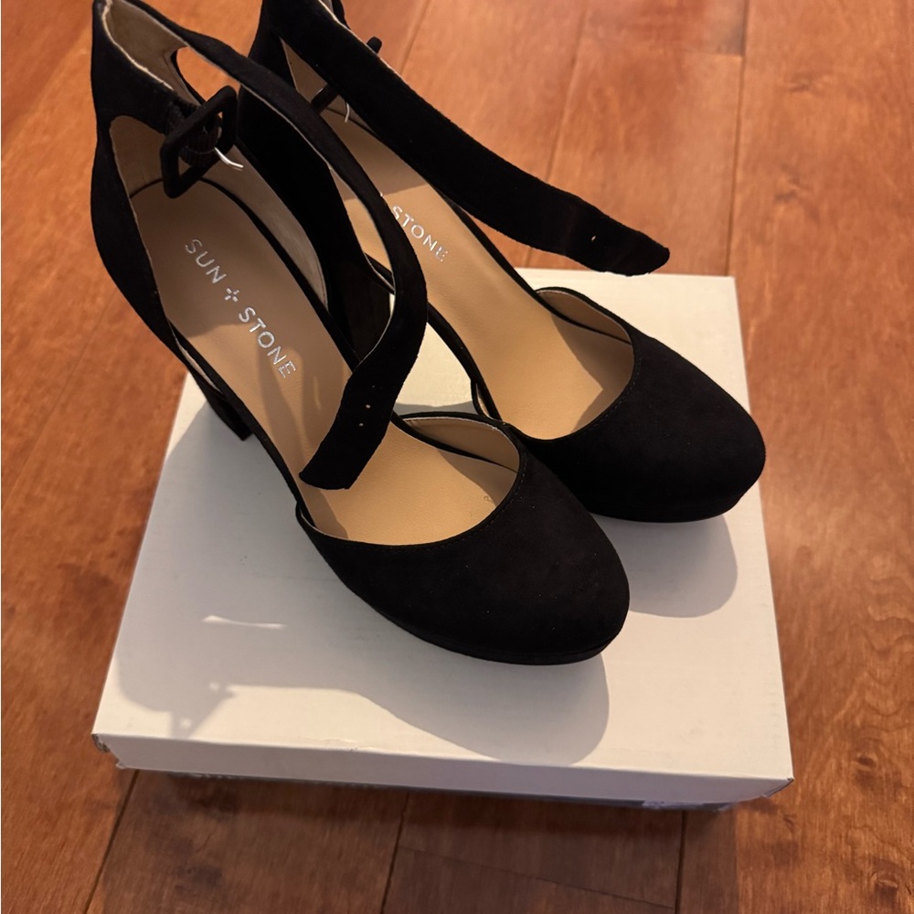 Sun + Stone Black Heels with Ankle Strap and Textured Upper